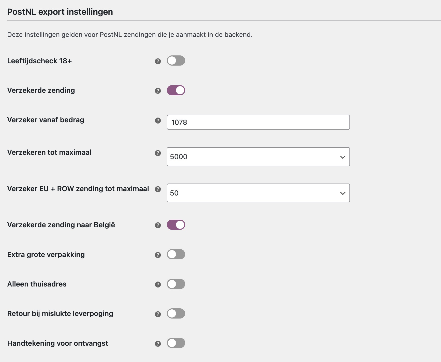 WooCommerce standaard export pakket